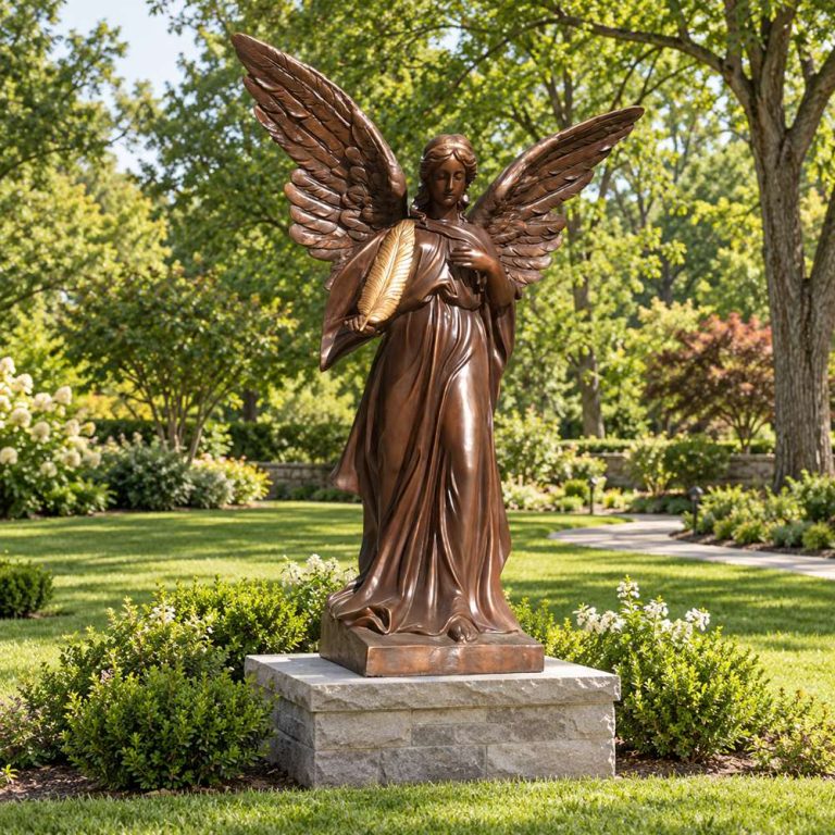 Visualization of a bronze life size angel statue in a landscaped garden