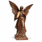 Front view of a bronze life size angel statue holding a golden feather