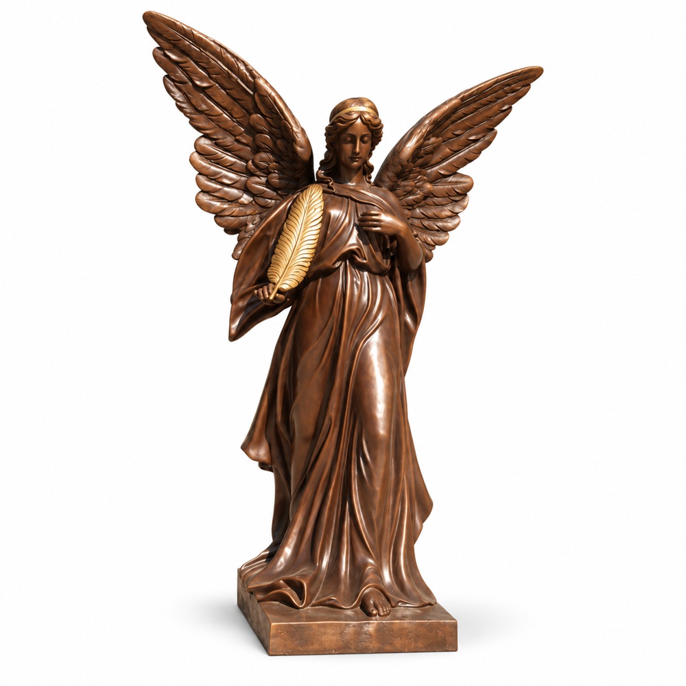Front view of a bronze life size angel statue holding a golden feather