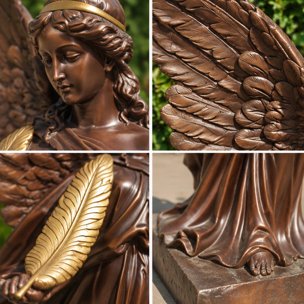 Close views of the angel statue face, feathered wing, golden feather and drapery