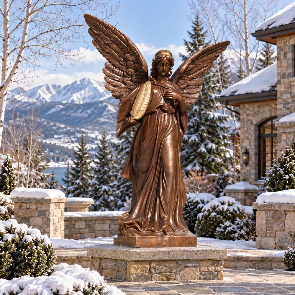 Visualization of a bronze life size angel statue in a snowy courtyard