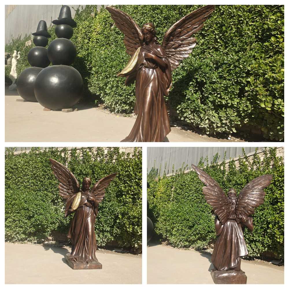 Workshop photographs of the bronze angel statue from front, side and back