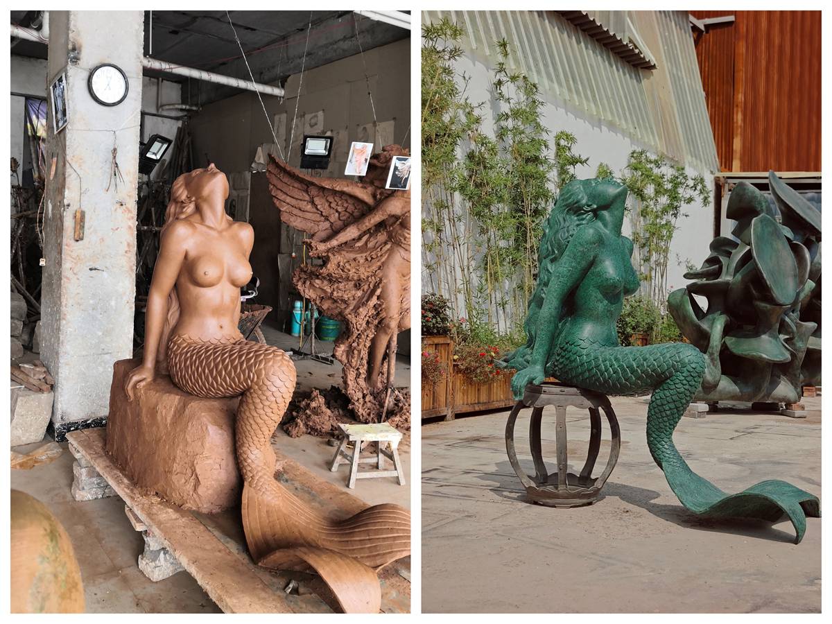 Clay mermaid model and finished green patina bronze sculpture