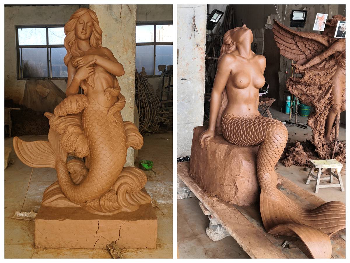 Two mermaid statue clay models in the YouFine workshop