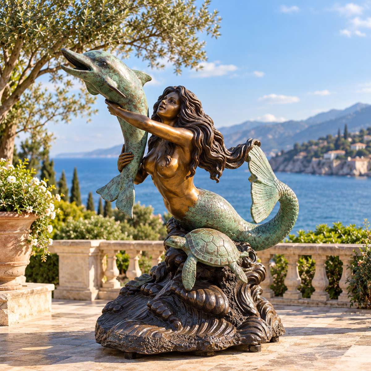 Illustrative visualization of a bronze mermaid sculpture with a dolphin by the sea