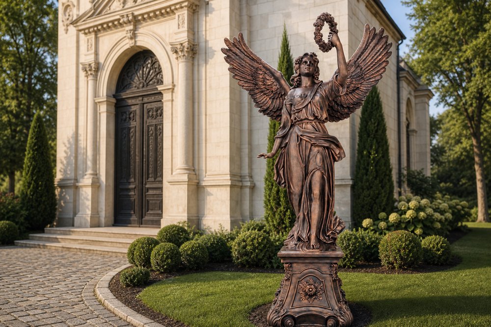 Bronze Angel with Laurel Wreath Statue Church Entrance