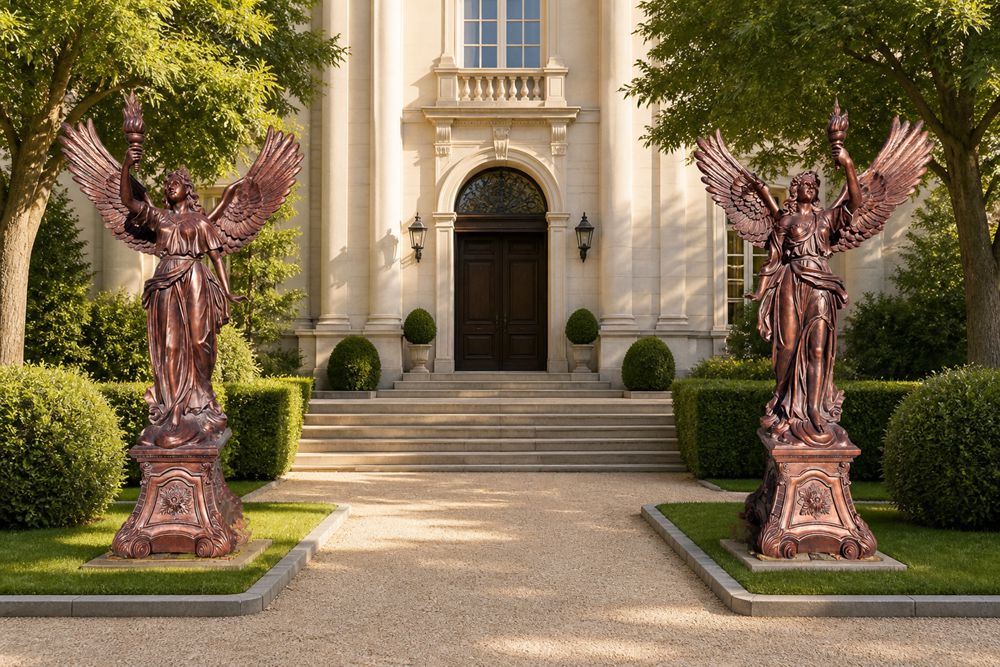 Bronze Winged Torch Bearing Goddess Statues Mansion Driveway